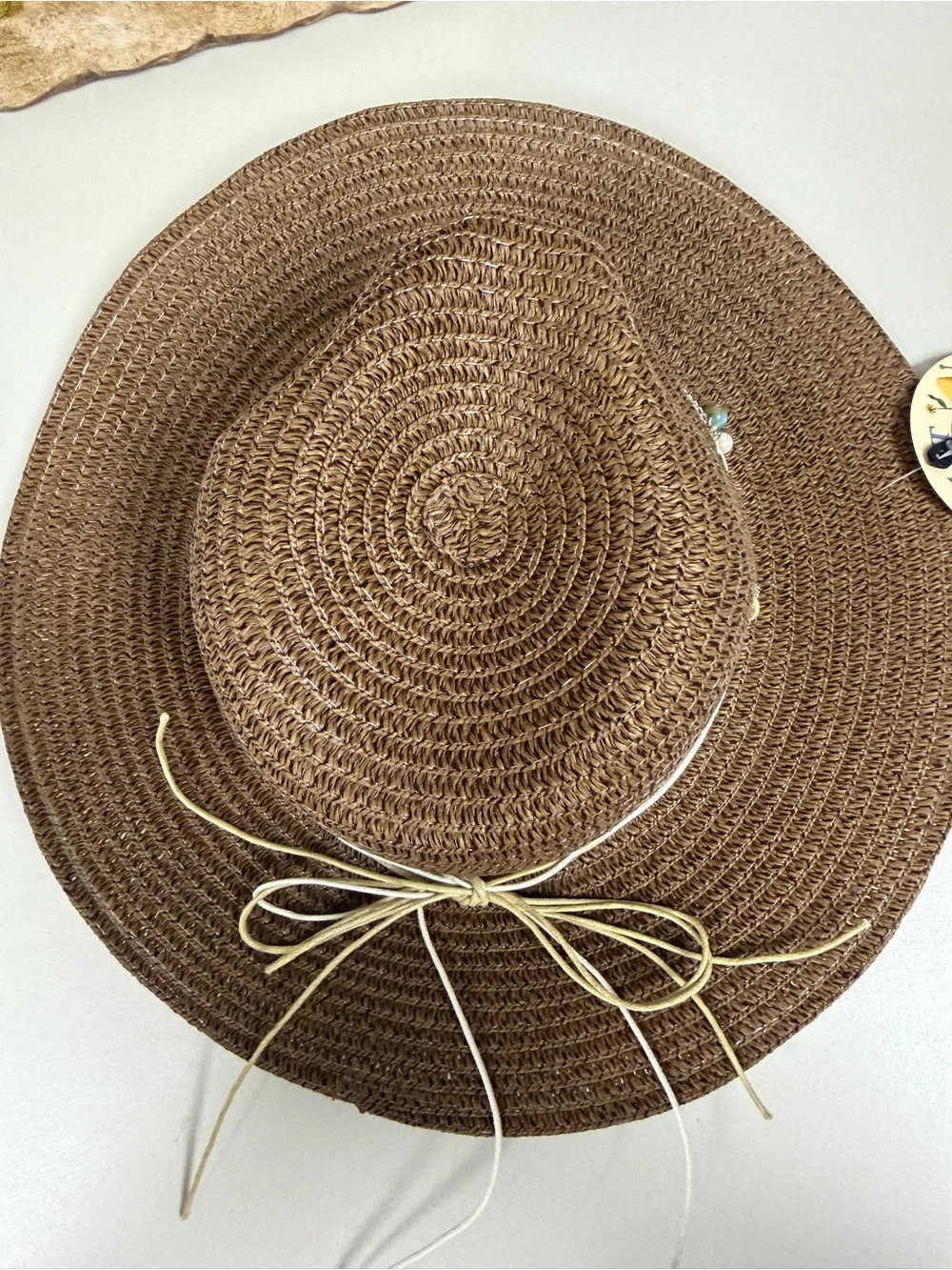 ROYAL Brown Beaded Silver Tone Chain Triple Cord Tie Coastal Boho Straw Sun Hat